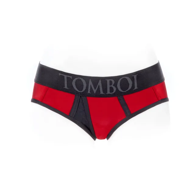 front view of red black Tomboi XXS nylon harness brief