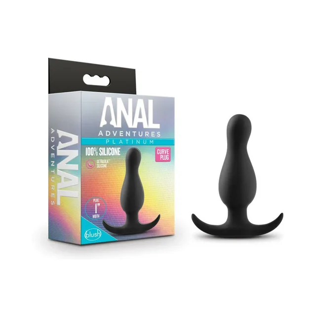 Anal Adventures black curve plug beside its multicolor retail box