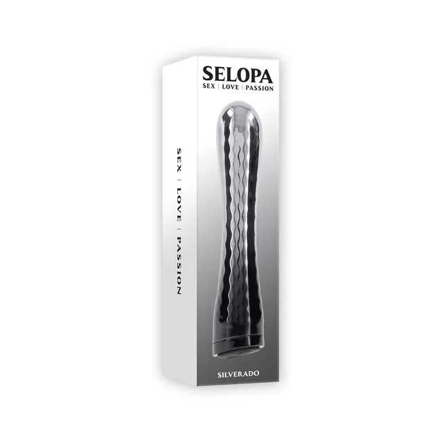 Selopa Silverado silver-and-black vibrator displayed in white window box