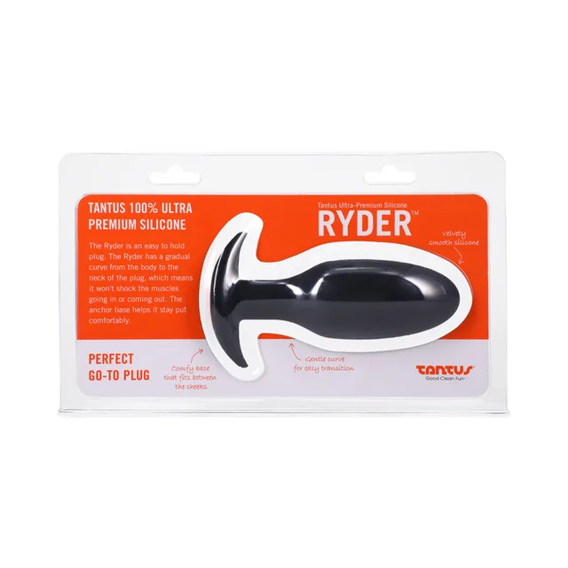 Tantus Ryder Onyx plug displayed in clear and orange retail pack