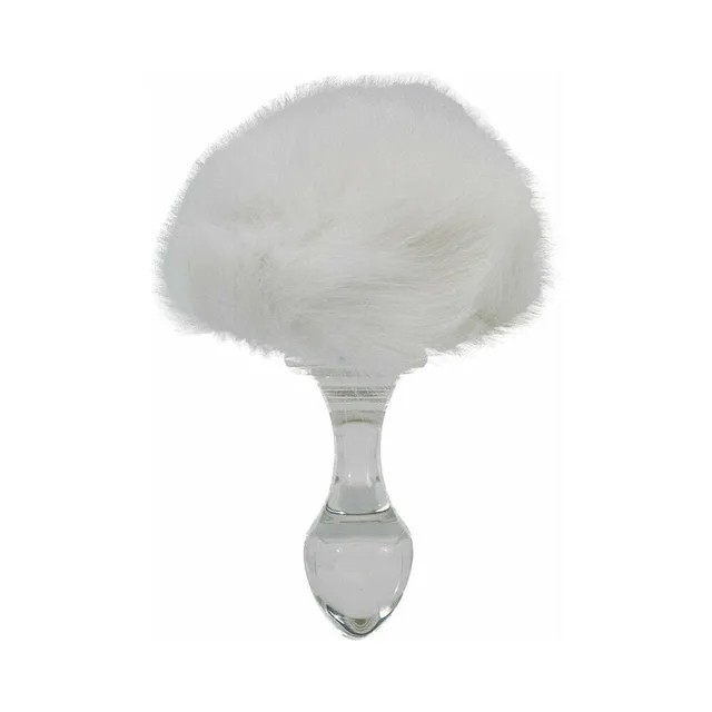 clear teardrop glass plug with large white faux-fur bunny tail