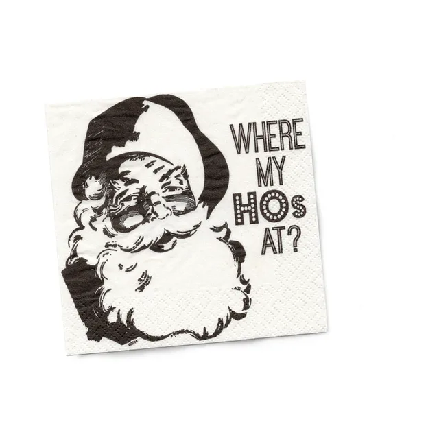 white napkin with black Santa portrait and Where My HOs At text