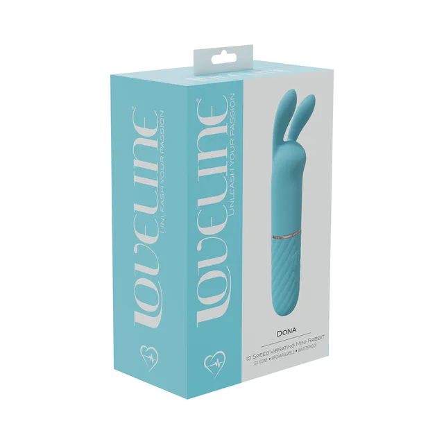 teal LoveLine Dona mini rabbit vibrator pictured on aqua box