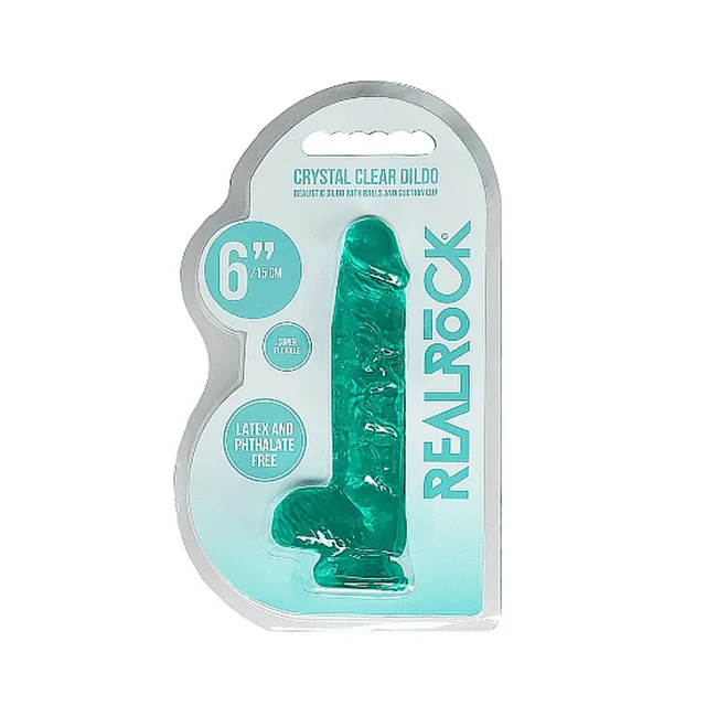Turquoise RealRock Crystal Clear dildo in transparent retail pack