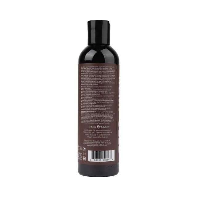 Rear view of Earthly Body hemp seed massage oil dark bottle