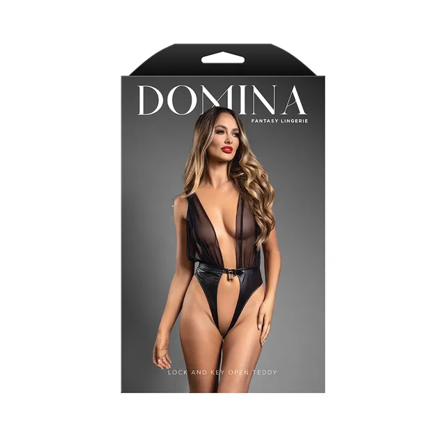 Domina package showing black plunge mesh teddy with buckle waist and gold lock