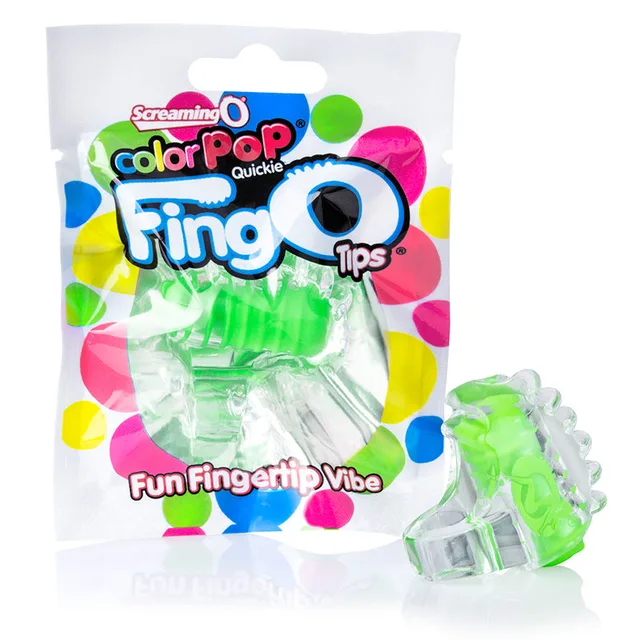 ColorPop FingO Tip Green finger vibrator beside colorful retail pouch