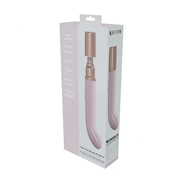light pink LoveLine Traveler G-Spot vibrator inside pale pink retail box