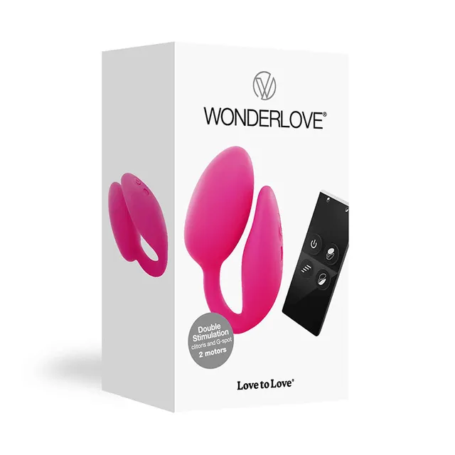 Pink Wonderlove dual-stimulation vibrator with black remote and white box