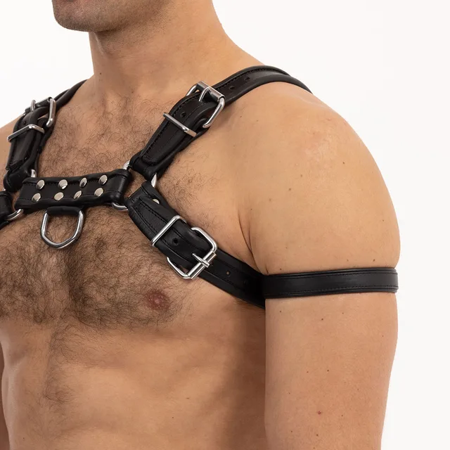 Black Prowler RED leather bicep band worn with matching chest harness