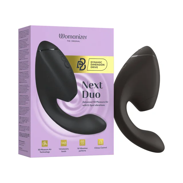 Womanizer Next Duo black dual-arm vibrator beside lavender box