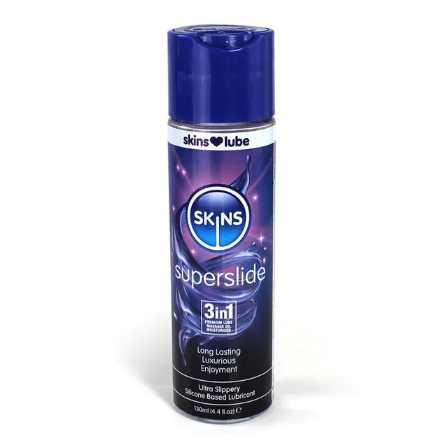Skins Superslide 4 oz silicone lubricant bottle with purple label