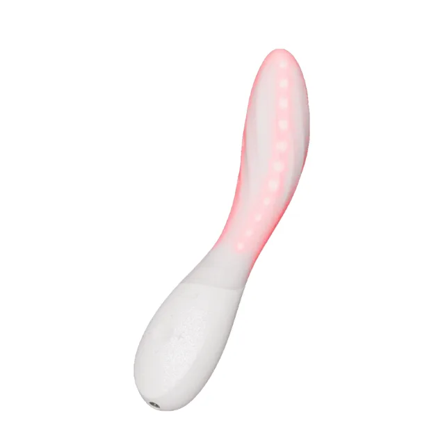 LELO Mona Spectra light pink curved LED massager front view with pink illuminated head and white handle