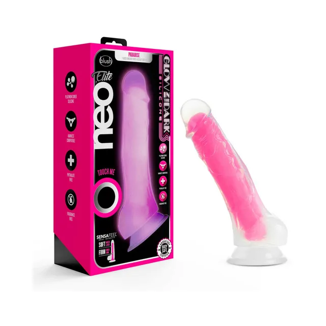 Pink Blush Neo Elite Viper dildo standing beside retail box