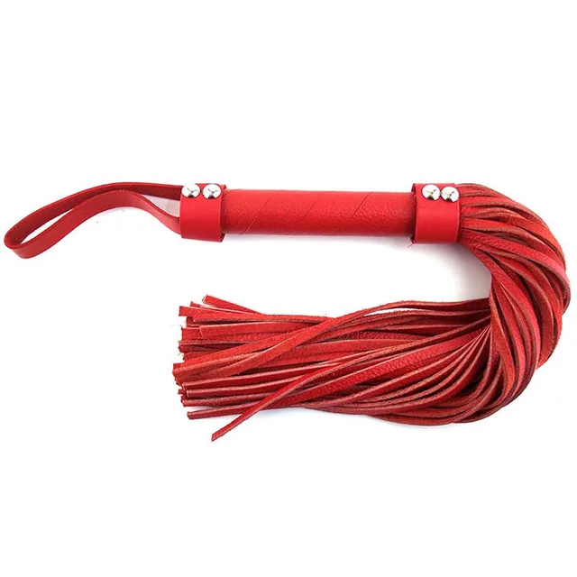 Rouge Red Leather H-Style Flogger red wrapped handle with wrist loop and bundle of flat falls