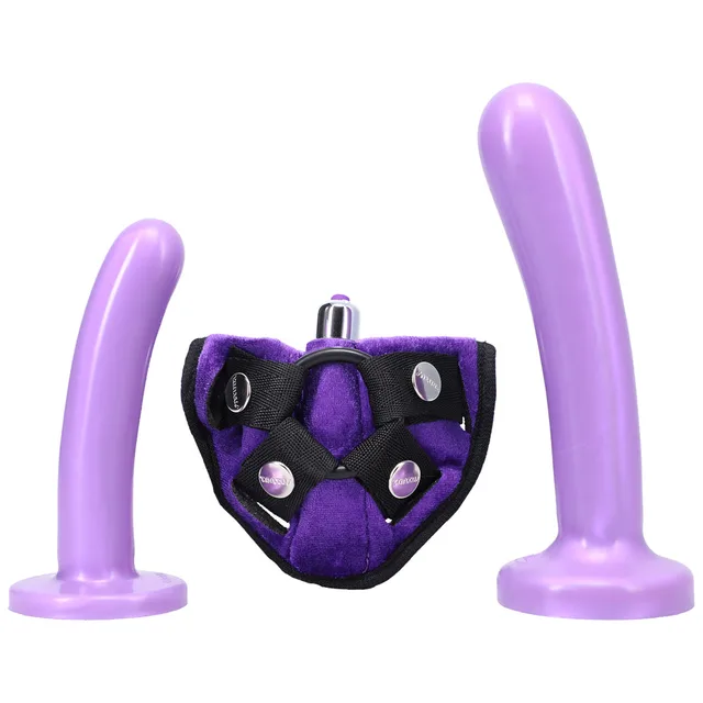 Front arrangement of lavender strap-on harness kit components