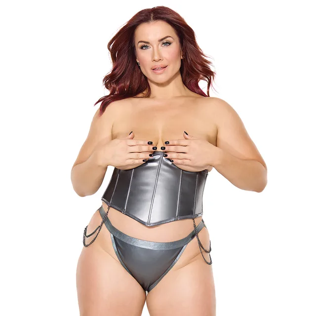 Model adjusting front of queen Coquette gray boned waist cincher