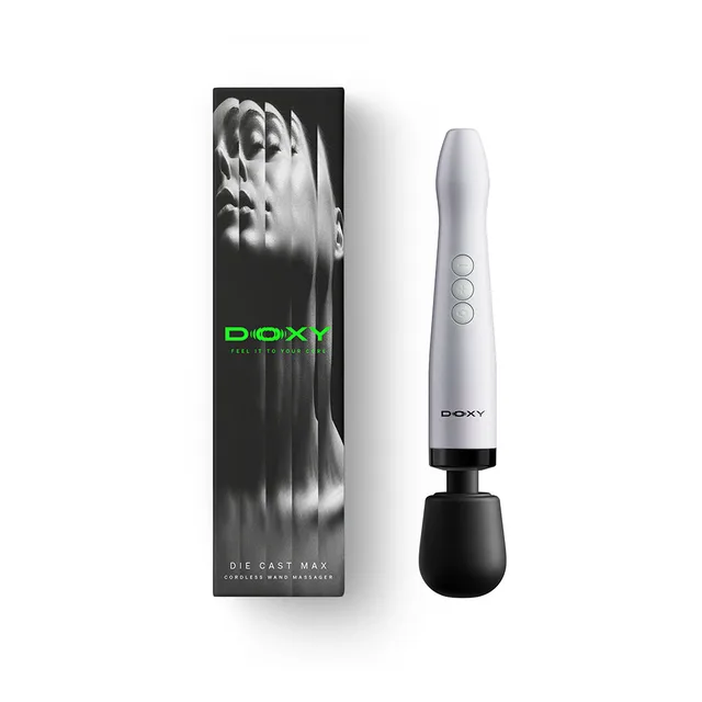 Doxy Die Cast cordless white wand beside black retail box