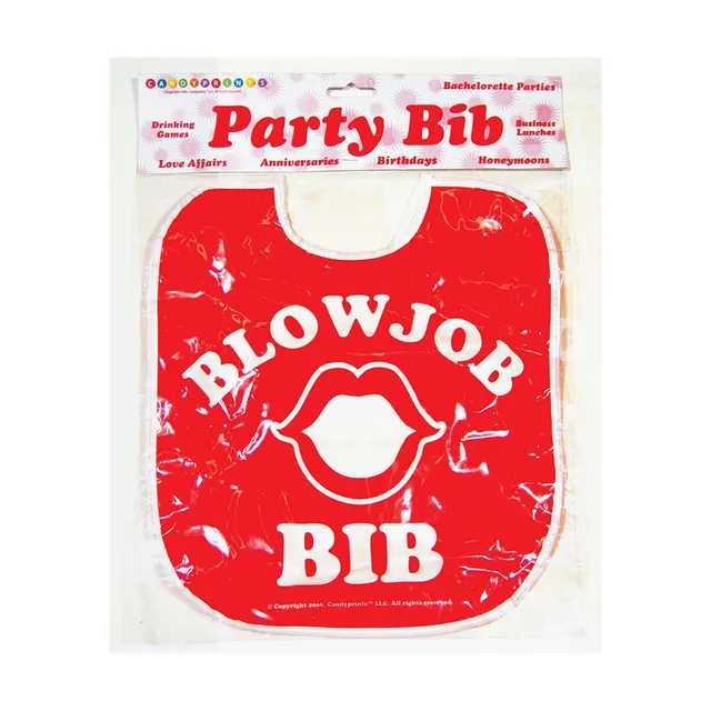 Little Genie red Blow Job Bib folded in clear retail package