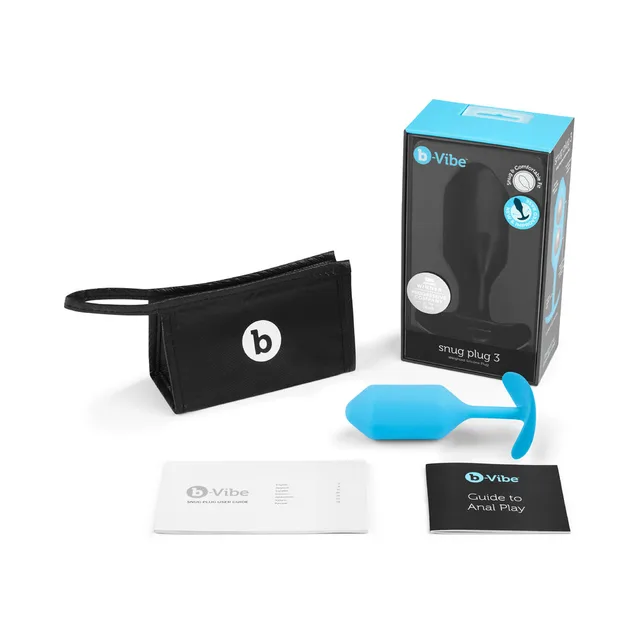 Teal b-Vibe Snug Plug 3 with pouch, box and printed guides