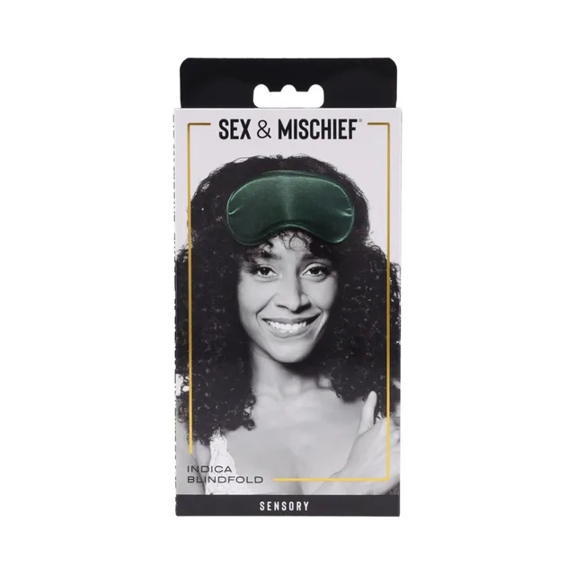 Green Sportsheets Indica padded blindfold displayed on Sex and Mischief card
