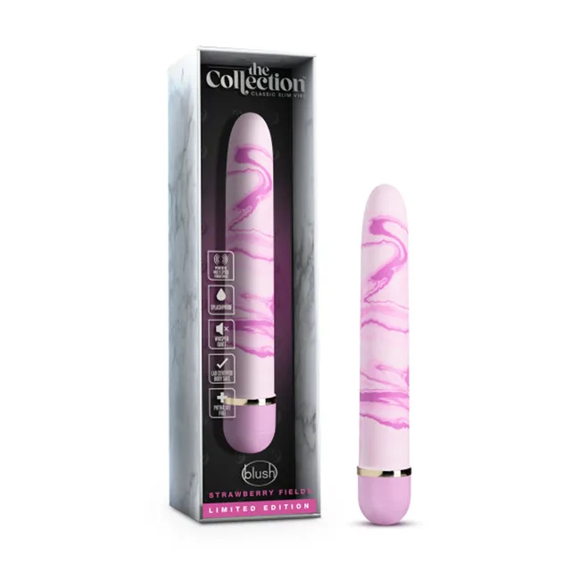 The Collection Strawberry Fields pink marble vibrator beside Strawberry Fields retail box