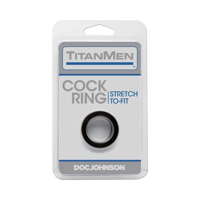 Black TitanMen stretch-to-fit cock ring in Doc Johnson blister packaging