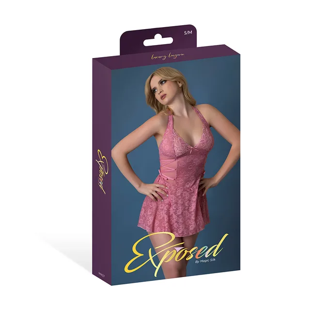 Magic Silk Wisteria Mist pink lace halter babydoll size S/M displayed in purple retail packaging