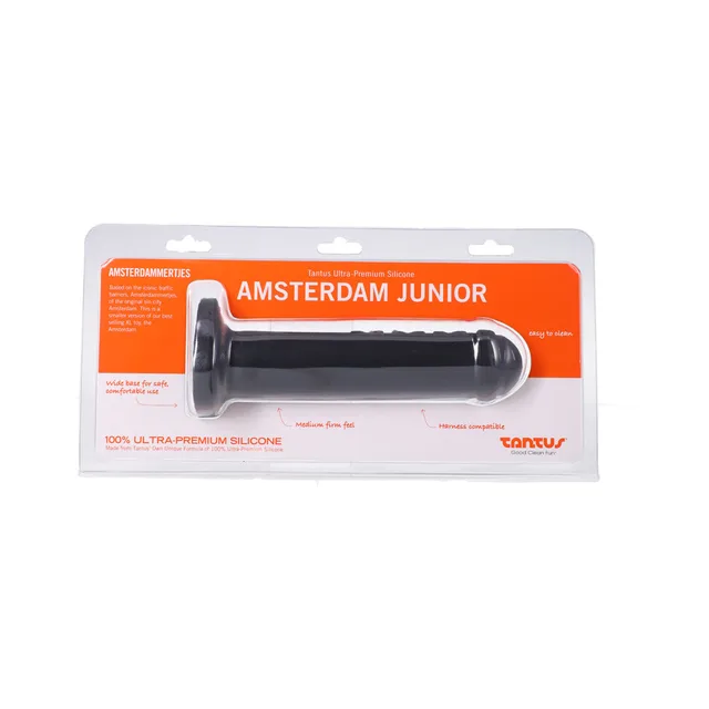 Tantus Amsterdam Junior onyx black dildo in clear retail package