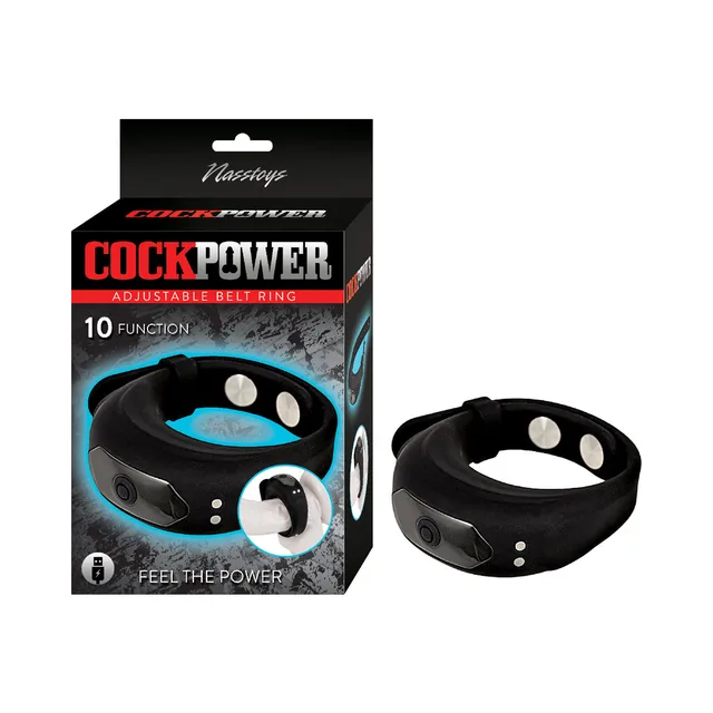 black Cockpower adjustable belt ring with sizing holes and silver closures beside retail box