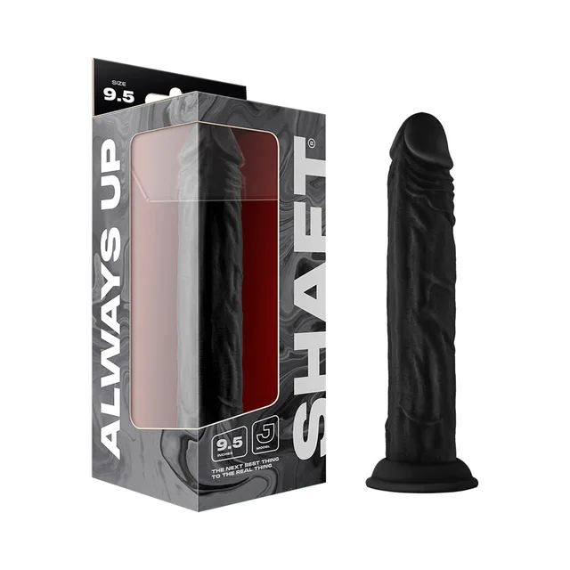Shaft Model J 9.5-inch black dong beside gray retail box