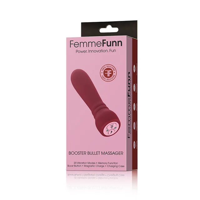 FemmeFunn Booster maroon bullet vibrator inside pink-and-burgundy retail box