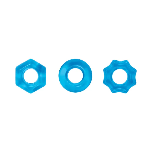 NS Novelties Renegade Chubbies blue ring set three rings lined up in hexagonal round and scalloped shapes