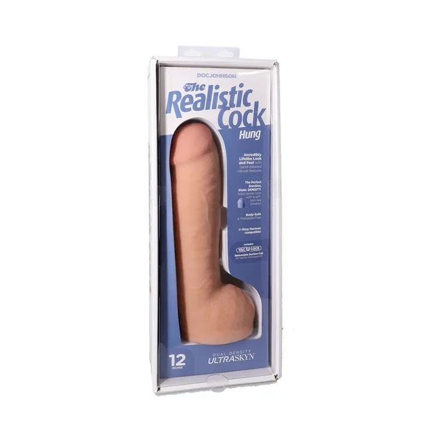 12-inch vanilla Realistic Cock Hung ULTRASKYN dildo inside blue window case