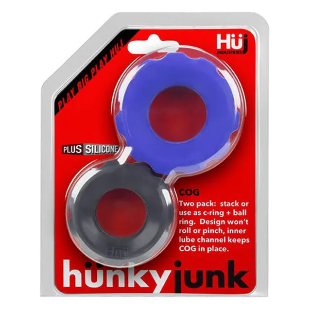 Oxballs Hunkyjunk COG cobalt blue and black two-size ring pack on red card