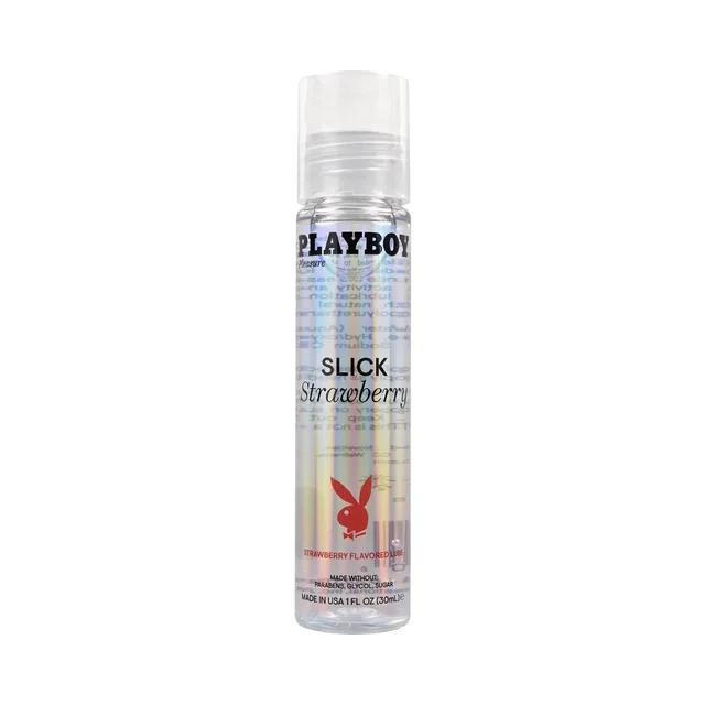 Playboy Slick Strawberry 1 oz water-based lubricant front bottle with pink-and-blue label