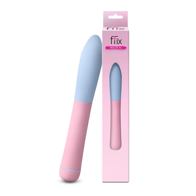 Light blue and pink FFIX Bullet XL beside slim pink retail box