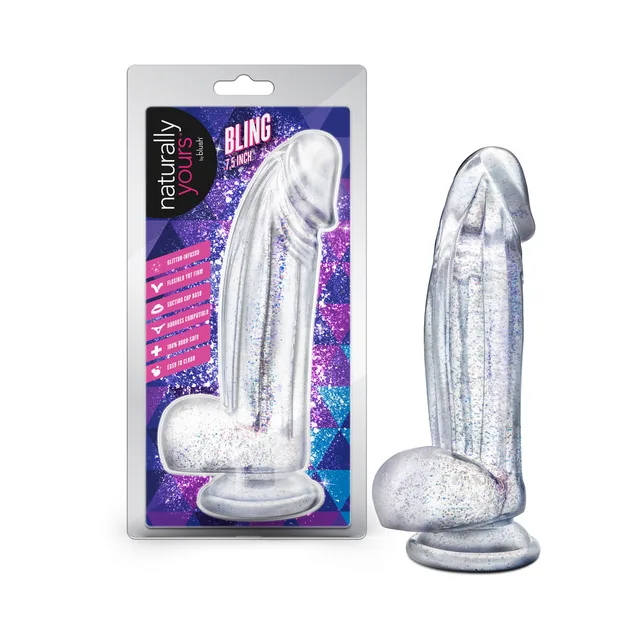 Naturally Yours Bling clear glitter dildo beside retail pack