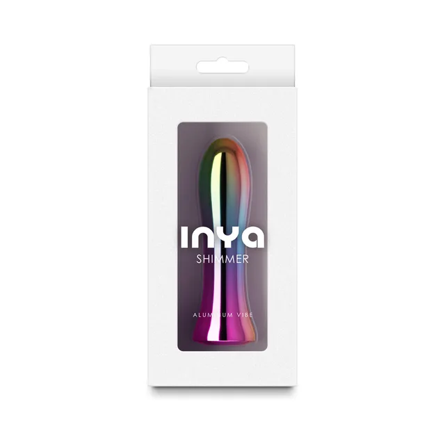 Rainbow-finish INYA Shimmer aluminum vibrator visible through white box