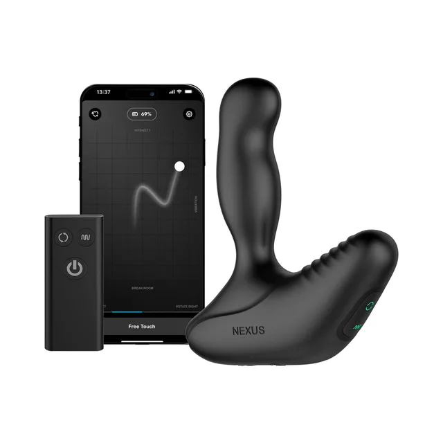 Revo Stealth black massager beside phone app and handheld remote
