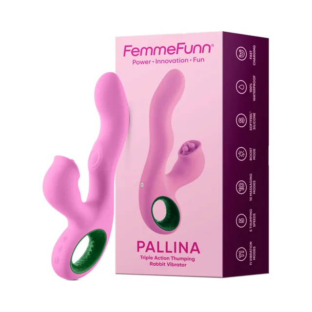 Pink FemmeFunn Pallina rabbit vibrator beside pink retail box