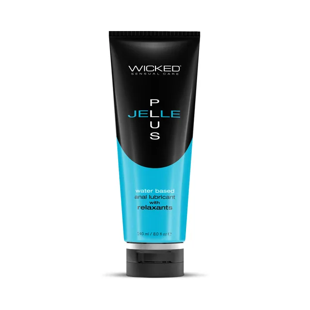 tall black-and-teal 8 oz Wicked Jelle Plus squeeze tube standing on a black cap