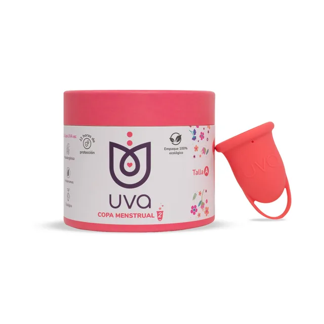 Uva Cup A red menstrual cup set red cup beside round retail tin