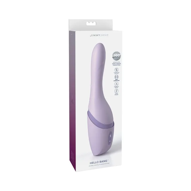Periwinkle JimmyJane Hello Bang vibrator in tall white retail box