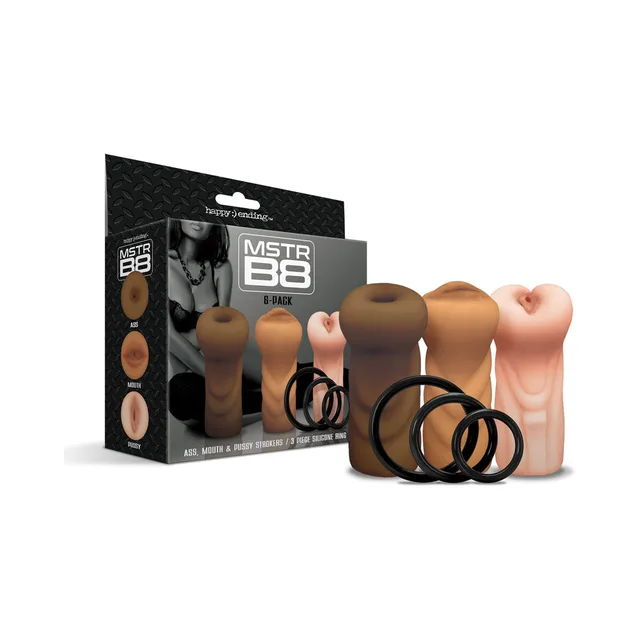Mstr B8 Six-Pack box with three sleeves and three black rings