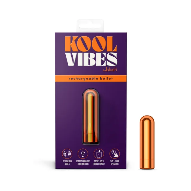 tangerine Kool Vibes rechargeable mini bullet beside purple retail card