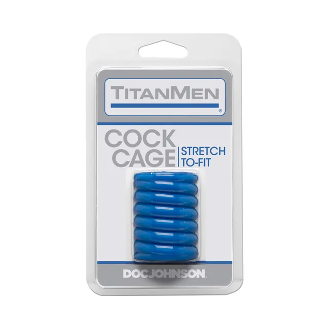 blue ribbed TitanMen cock cage in clear Doc Johnson hanging package