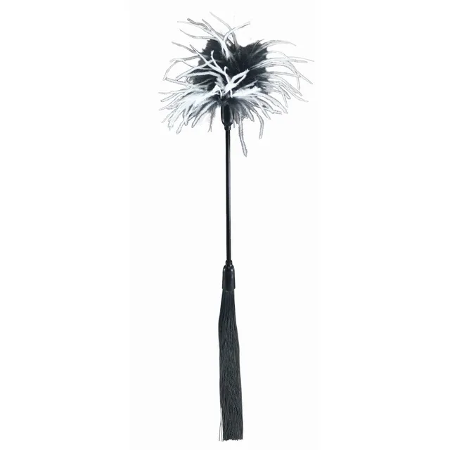 Sex and Mischief Black Whip and Tickle black white feather end and black tassel