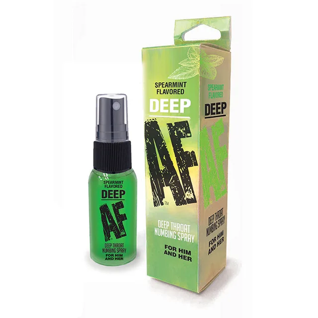 Deep AF green pump bottle beside spearmint retail carton