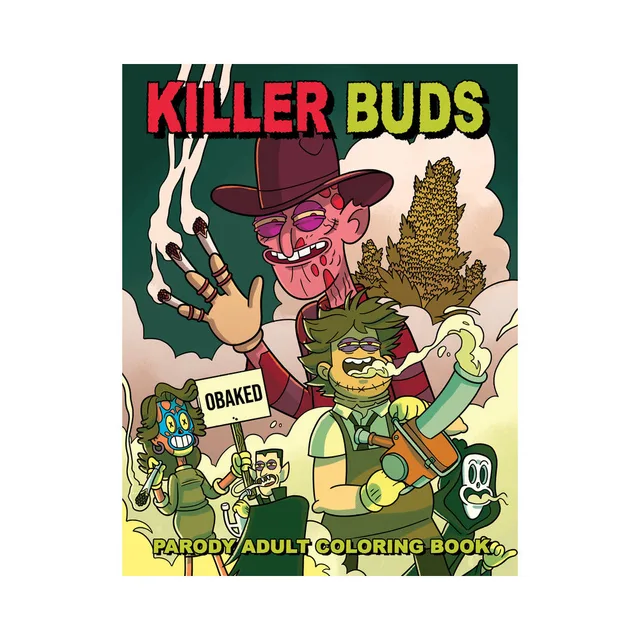Killer Buds coloring book cover with colorful horror parody characters